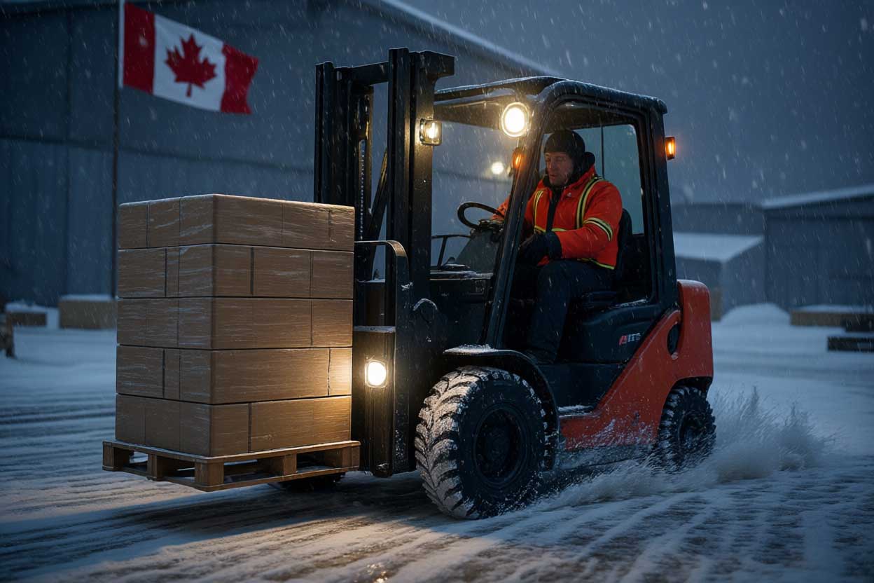 Forklift operating in snowy Canadian winter logistics yard with heavy snow 
