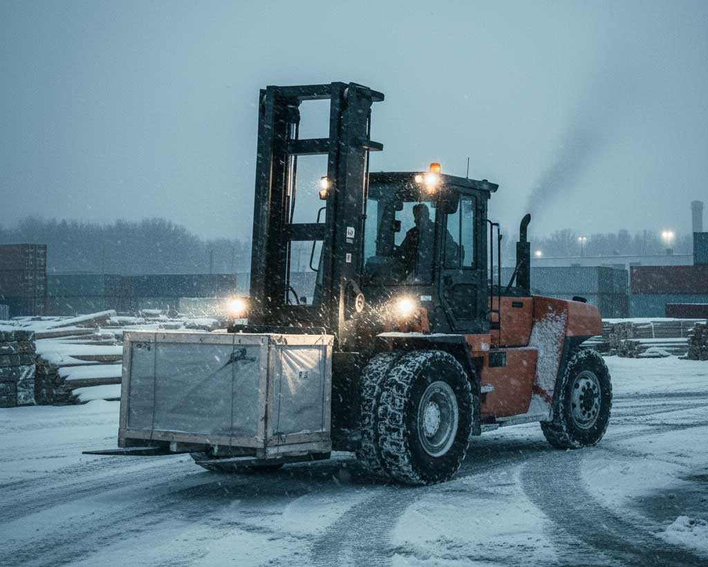 Diesel forklift with chains operating in a Québec snowstorm