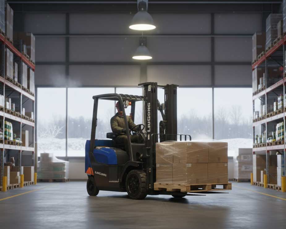 Electric Li-ion forklift inside a warm Canadian warehouse during winter