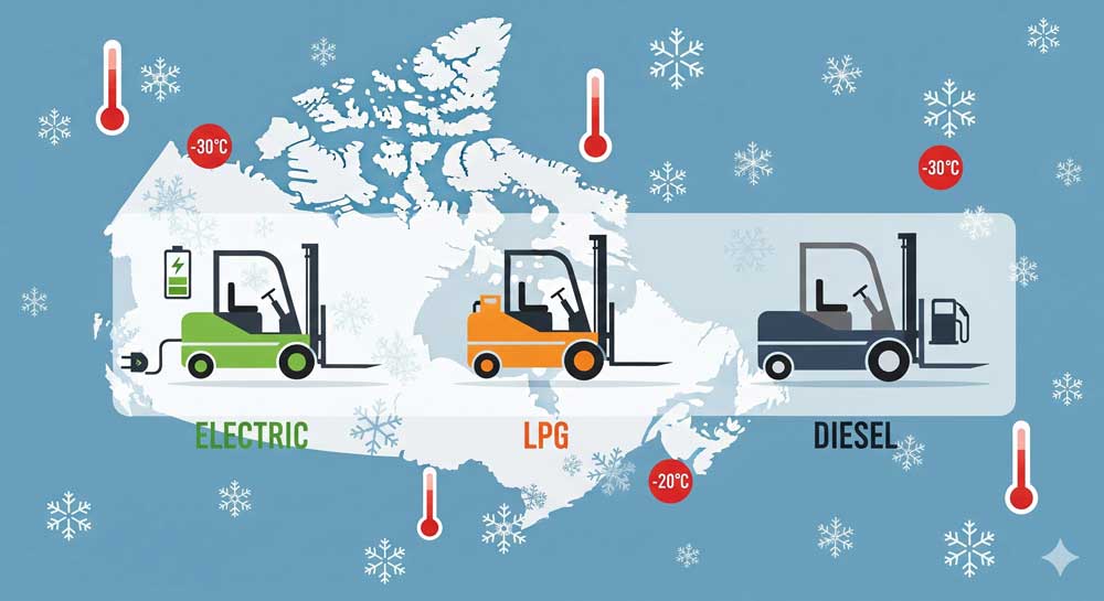 Infographic of forklift types across Canadian provinces in winter