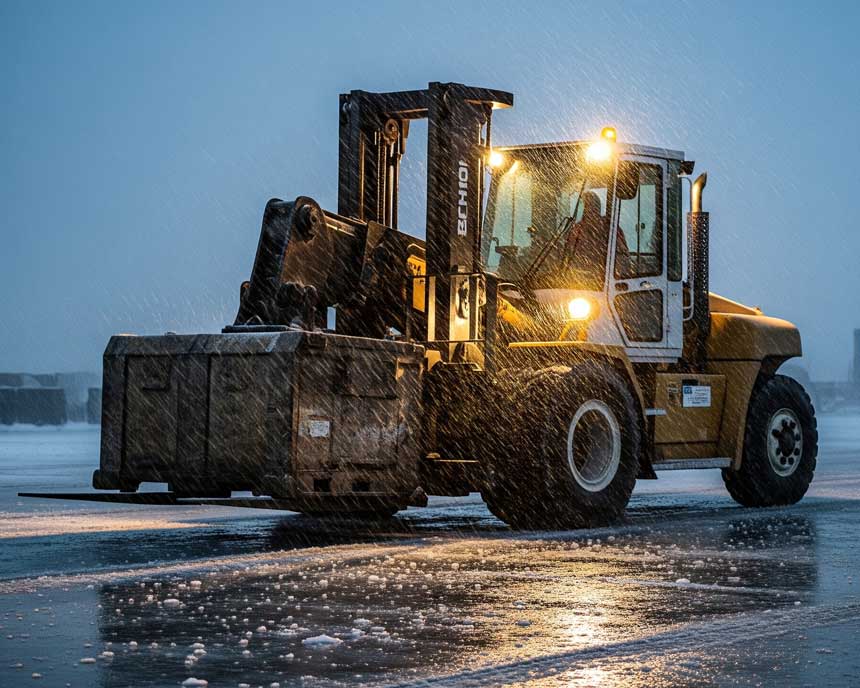 Forklift operating during freezing rain and snow in Halifax