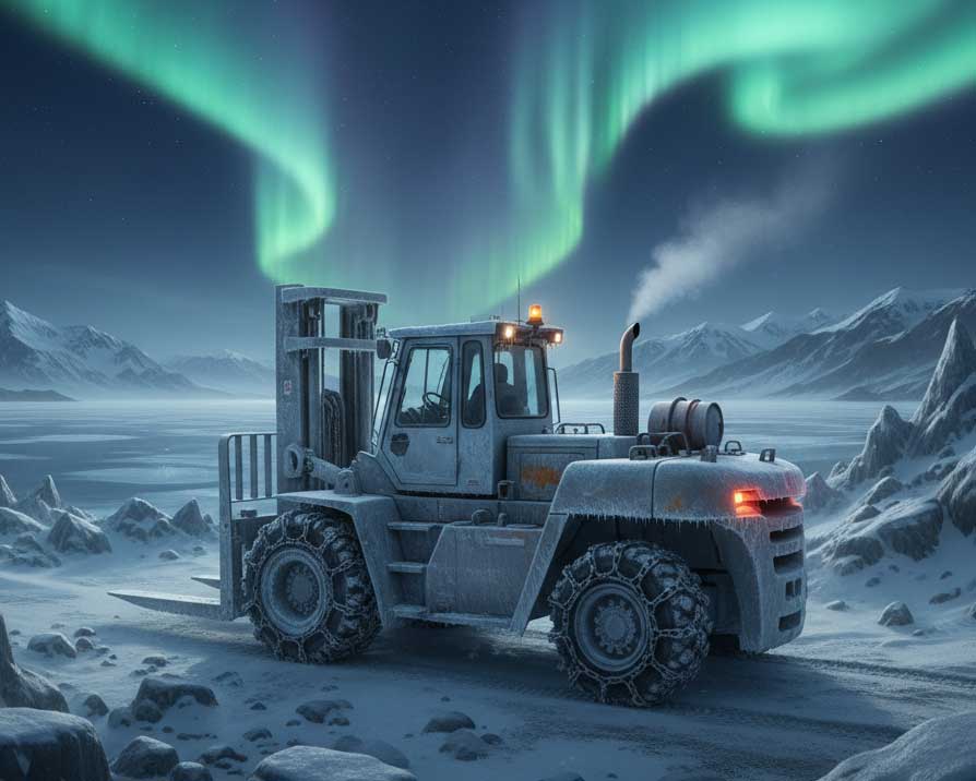 Heavy-duty forklift with snow chains in Arctic Nunavut with northern lights