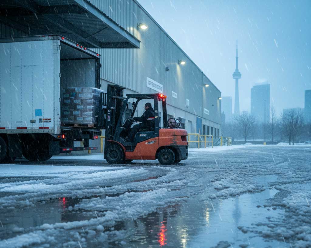 Forklift unloading goods in freezing rain at a Toronto dock