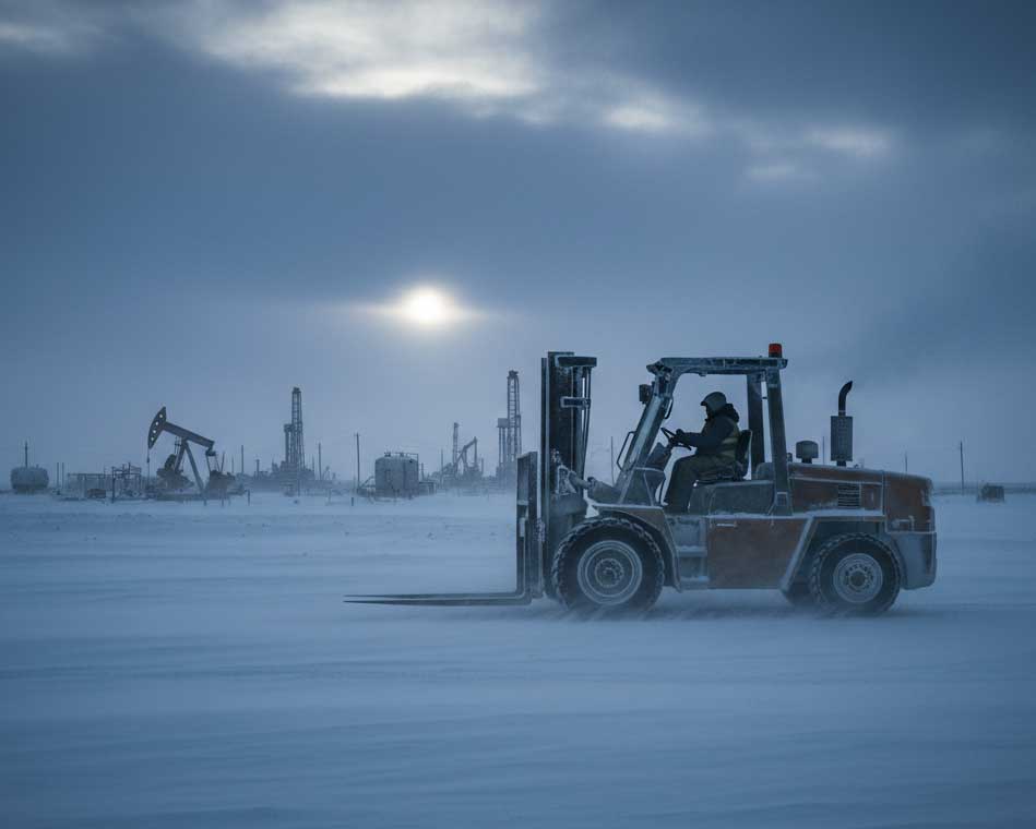 Diesel forklift operating in snowy Alberta oilfield with -30°C conditions