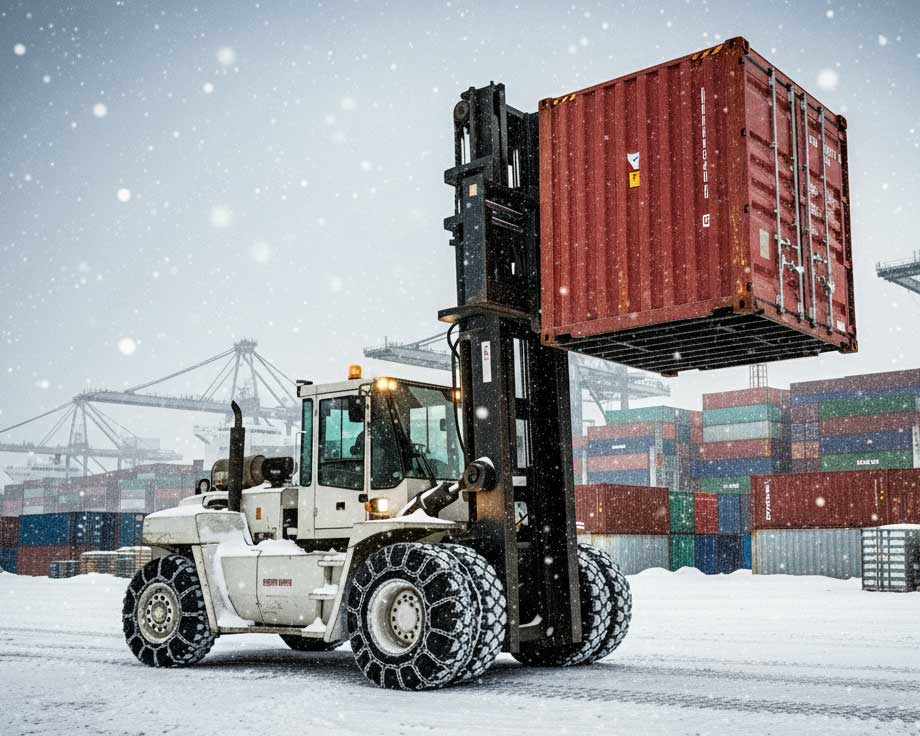 Forklift with heated cabin unloading containers in heavy snow at Port of Montreal