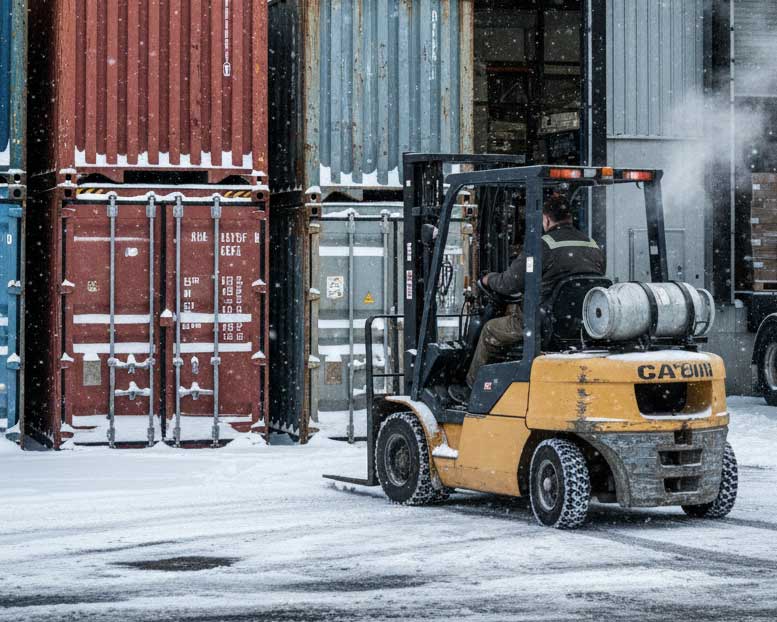 Propane forklift operating at a semi-open Canadian dock in winter